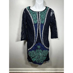 Ranna Gill Anthropologie Embroidered Floral Lace Boho Blue Midi Dress